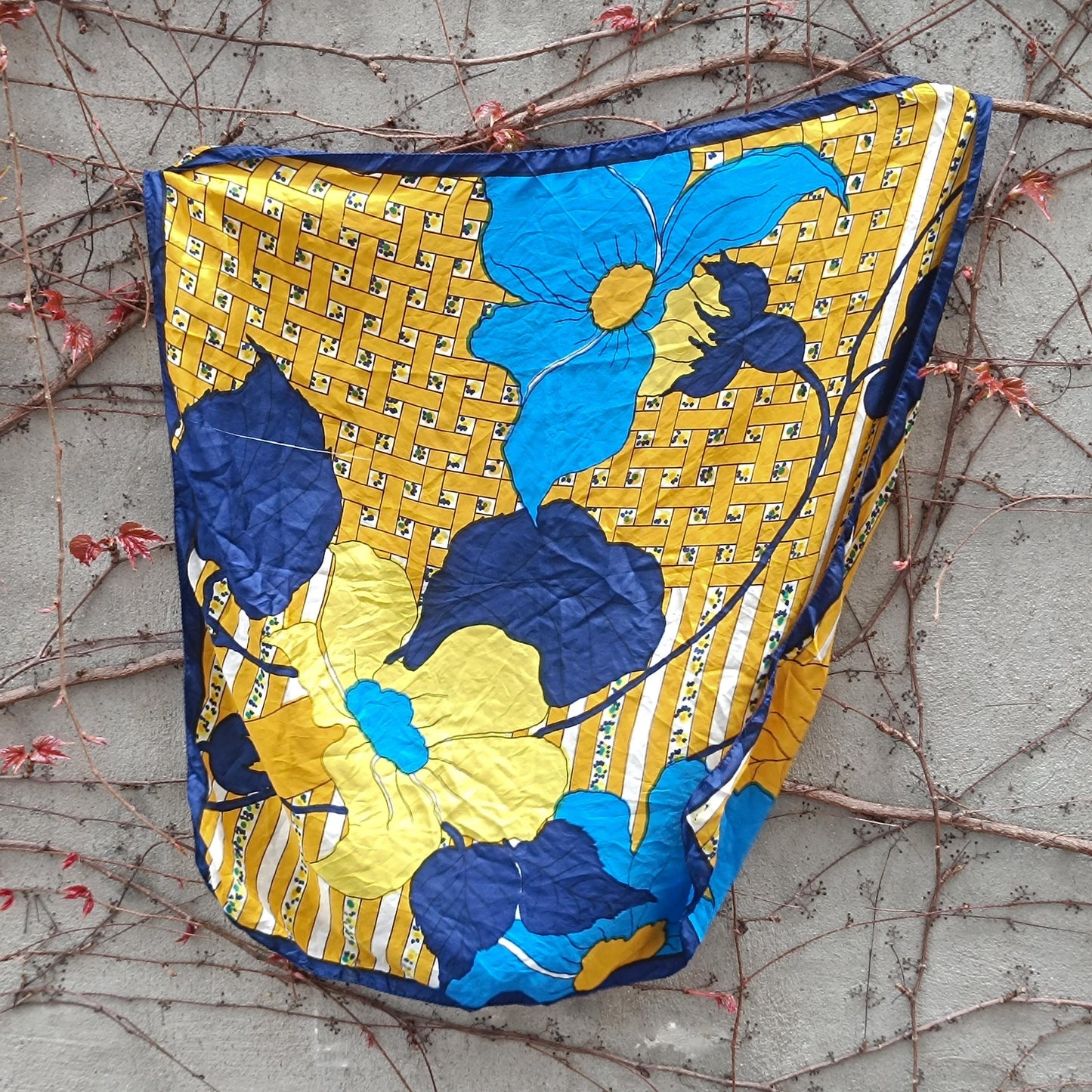Vintage Floral Scarf Large Blue Yellow Flower Print Retro 70s Hair Accessory