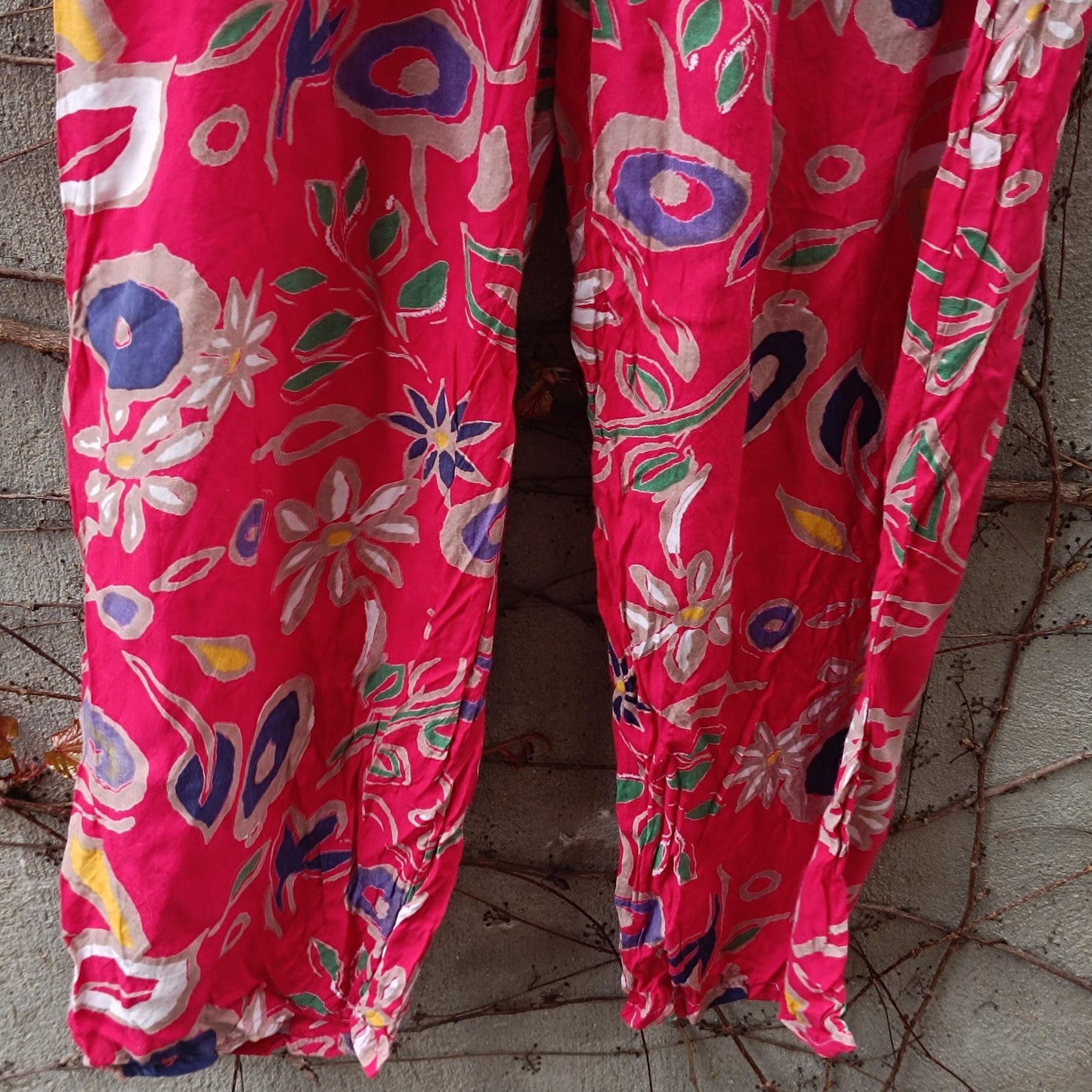 Vintage Pink Floral Trousers| Boho Summer Elasticated High Waist Wide Leg Pants Relaxed Fit