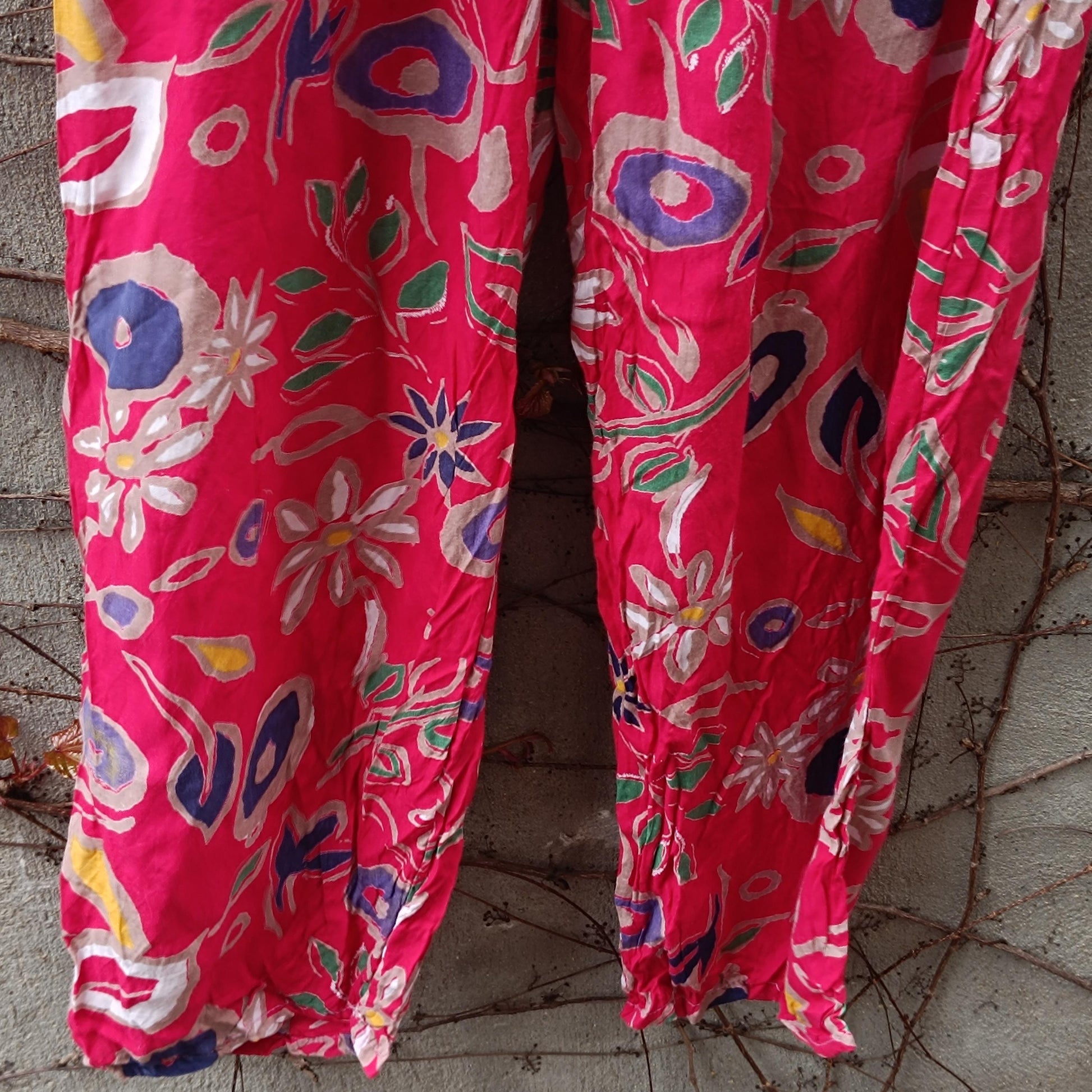 Vintage Pink Floral Trousers| Boho Summer Elasticated High Waist Wide Leg Pants Relaxed Fit