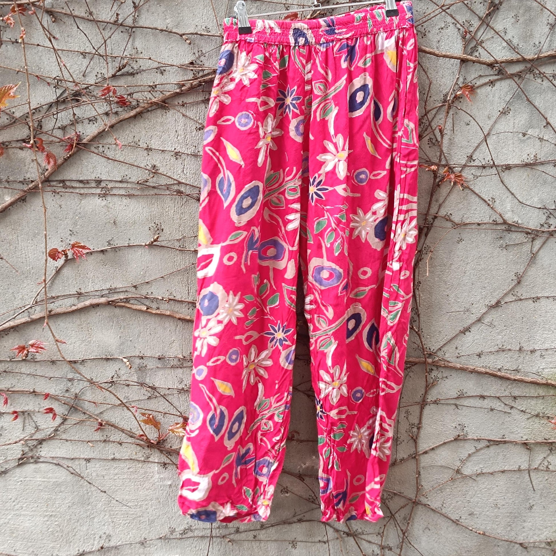 Vintage Pink Floral Trousers| Boho Summer Elasticated High Waist Wide Leg Pants Relaxed Fit