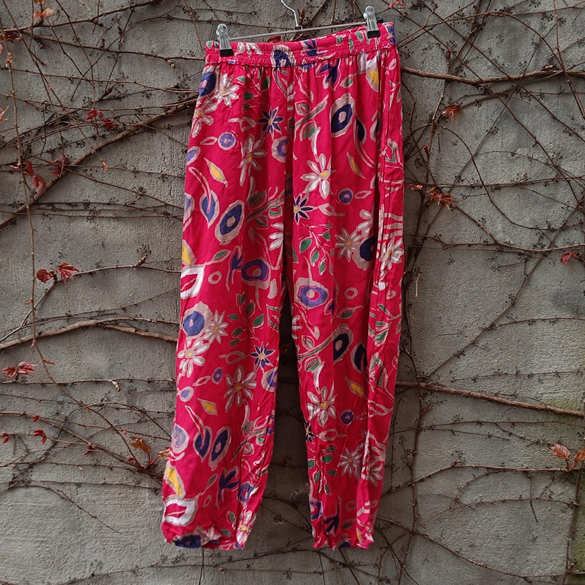 Vintage Pink Floral Trousers| Boho Summer Elasticated High Waist Wide Leg Pants Relaxed Fit