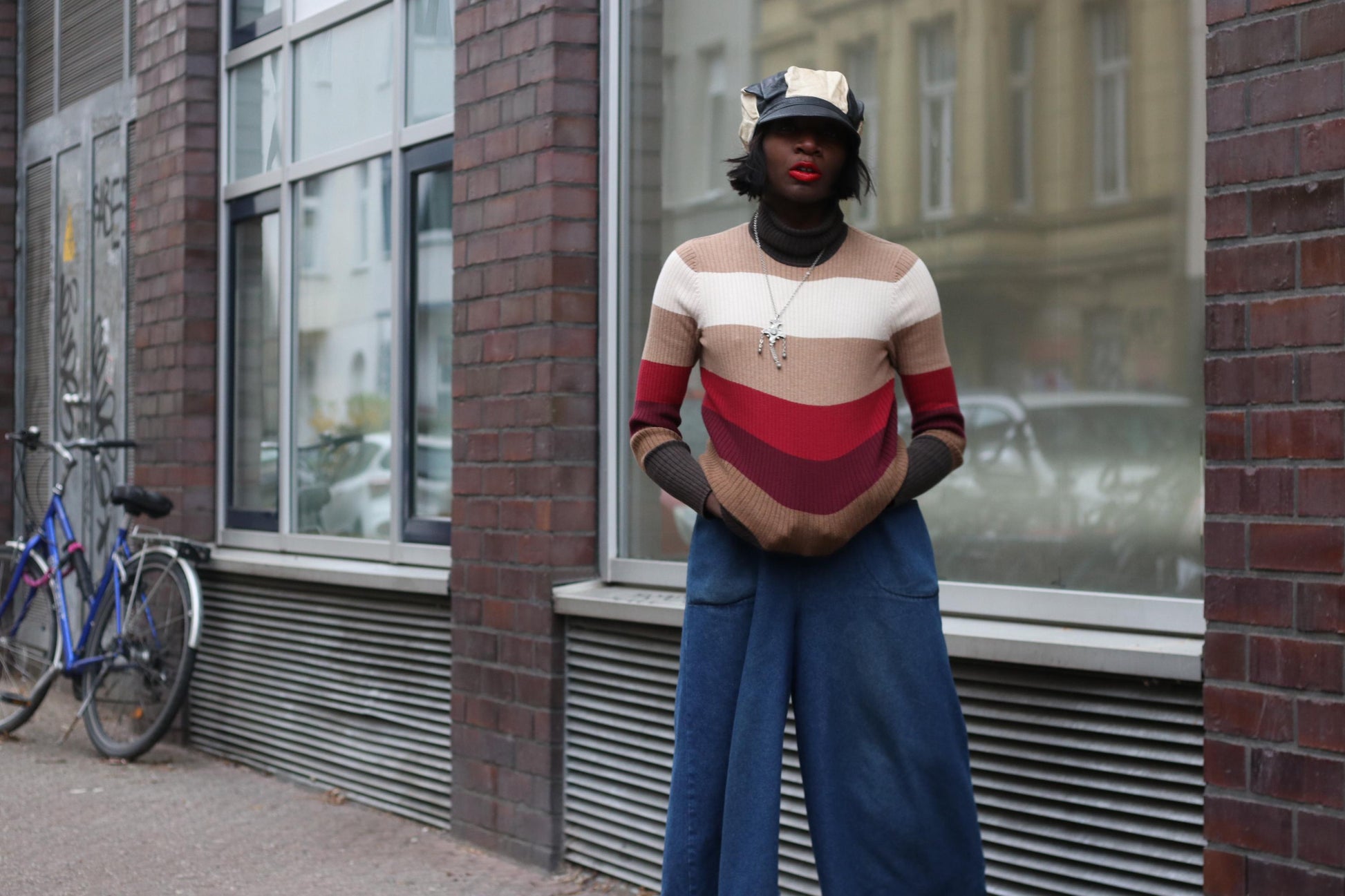 Striped Vintage Turtleneck Sweater 90s Earth Tone Knit Jumper Retro Striped Top