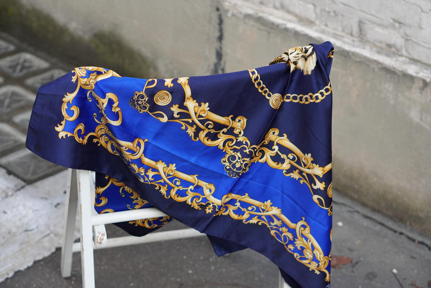 Vintage Tiger Scarf | Royal Blue Gold Chain Print Necktie| Baroque Accessory