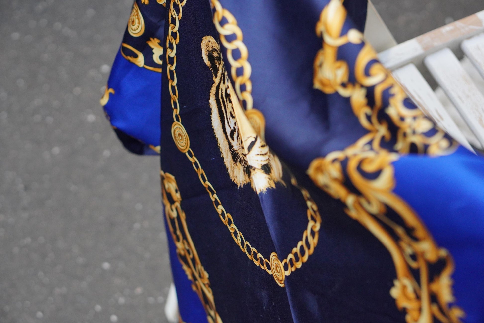 Vintage Tiger Scarf | Royal Blue Gold Chain Print Necktie| Baroque Accessory