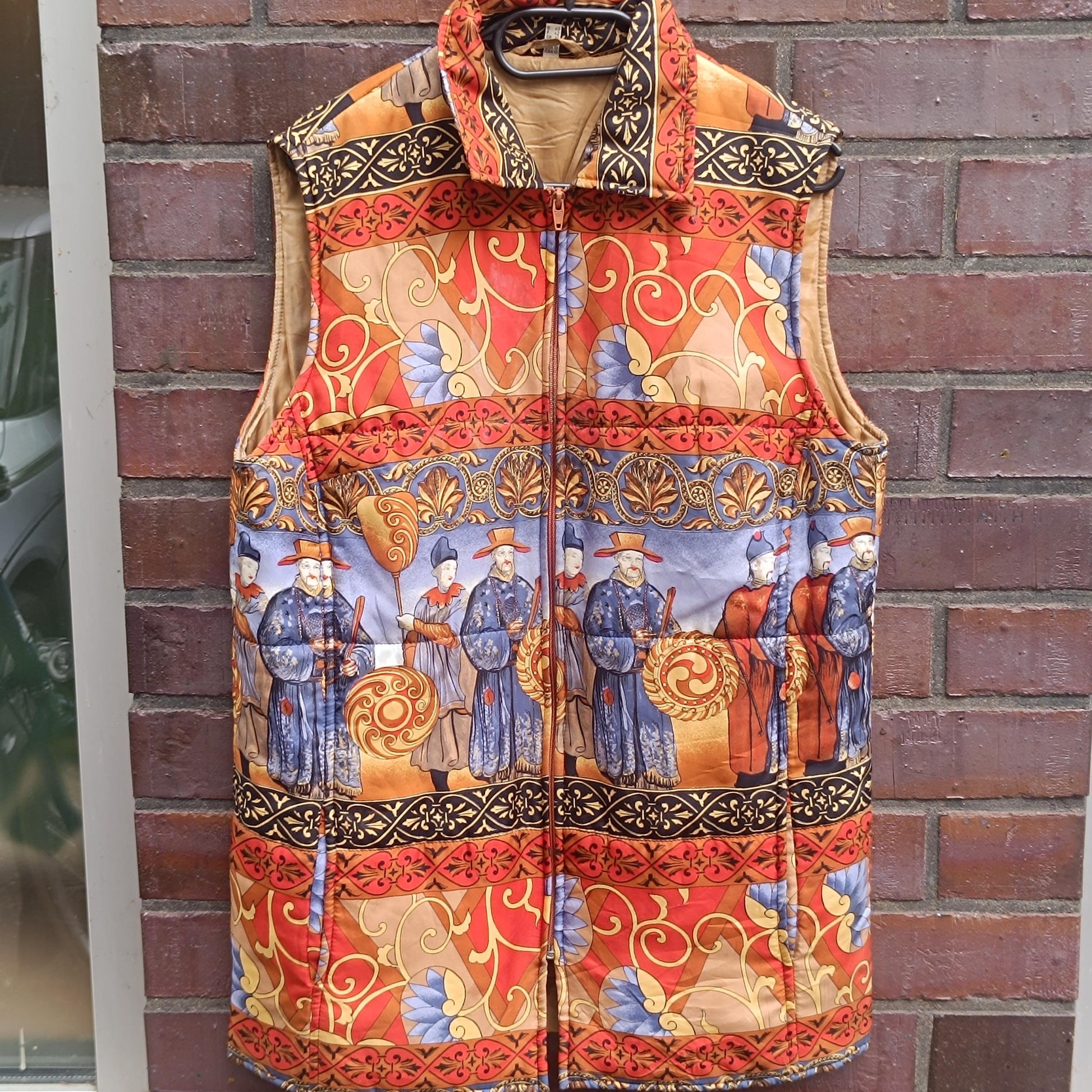 Vintage Padded Vest Chinoiserie Print Quilted Gilet Boho Waistcoat Asian Art M L