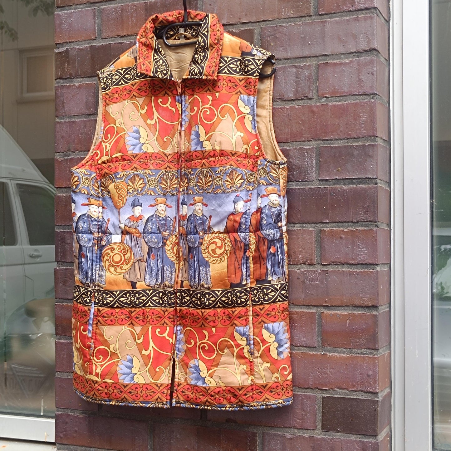 Vintage Padded Vest Chinoiserie Print Quilted Gilet Boho Waistcoat Asian Art M L