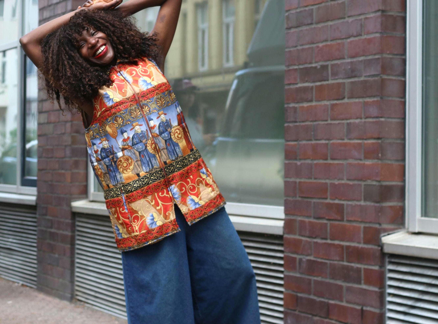 Vintage Padded Vest Chinoiserie Print Quilted Gilet Boho Waistcoat Asian Art M L