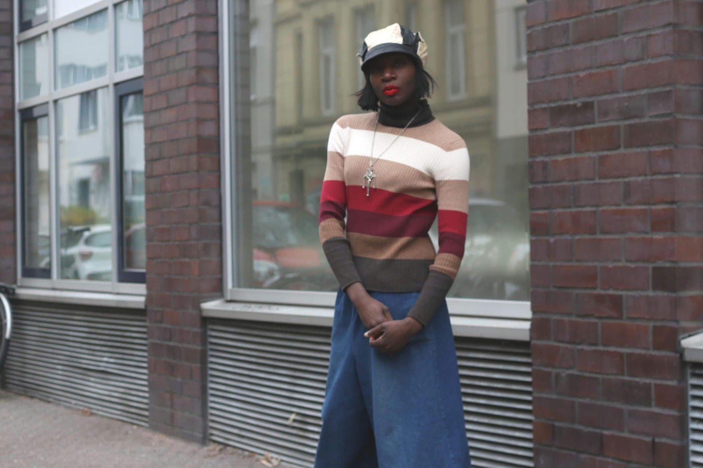 Striped Vintage Turtleneck Sweater 90s Earth Tone Knit Jumper Retro Striped Top