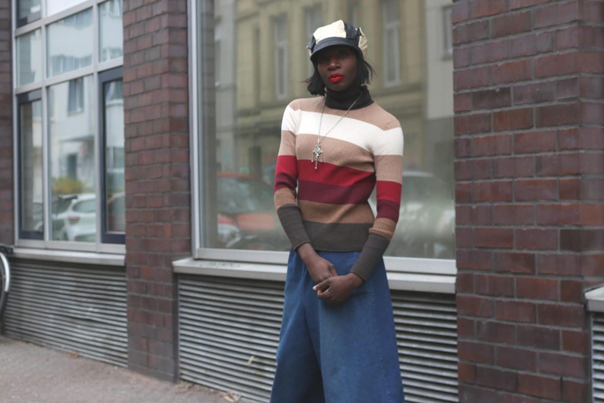 Striped Vintage Turtleneck Sweater 90s Earth Tone Knit Jumper Retro Striped Top