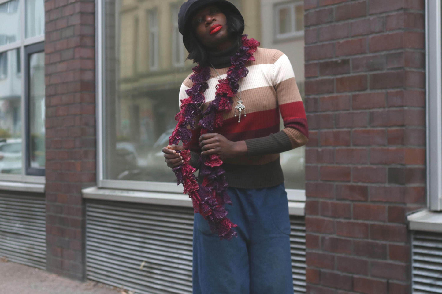 Striped Vintage Turtleneck Sweater 90s Earth Tone Knit Jumper Retro Striped Top