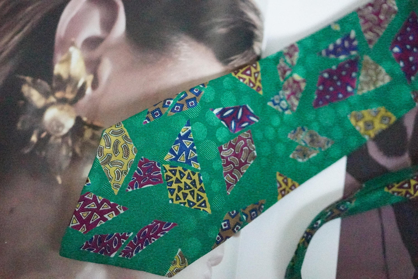 Vintage Silk Tie Emerald Green Geometric Mosaic Print 90s Retro Abstract