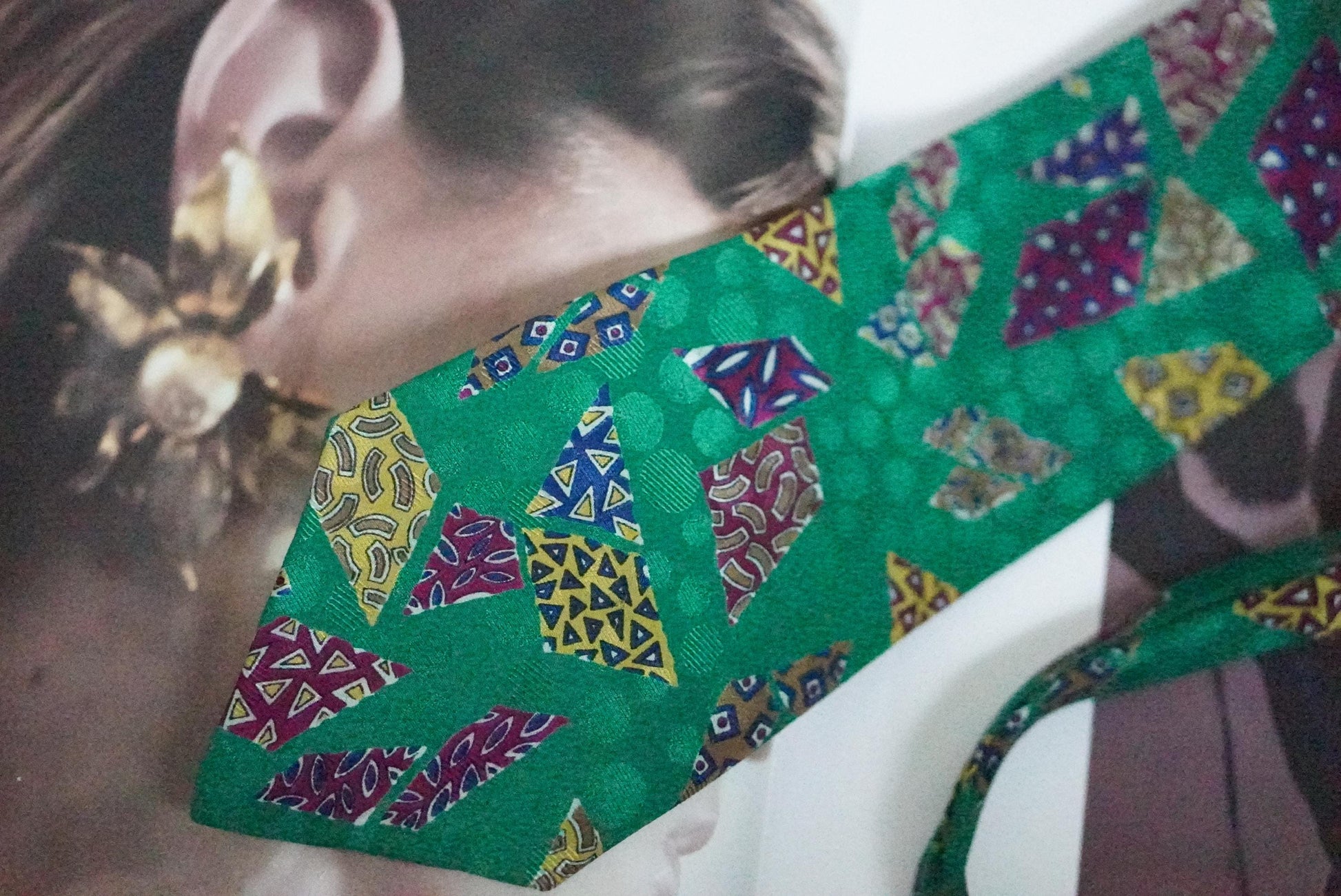 Vintage Silk Tie Emerald Green Geometric Mosaic Print 90s Retro Abstract