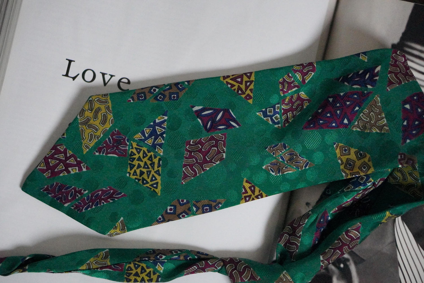 Vintage Silk Tie Emerald Green Geometric Mosaic Print 90s Retro Abstract