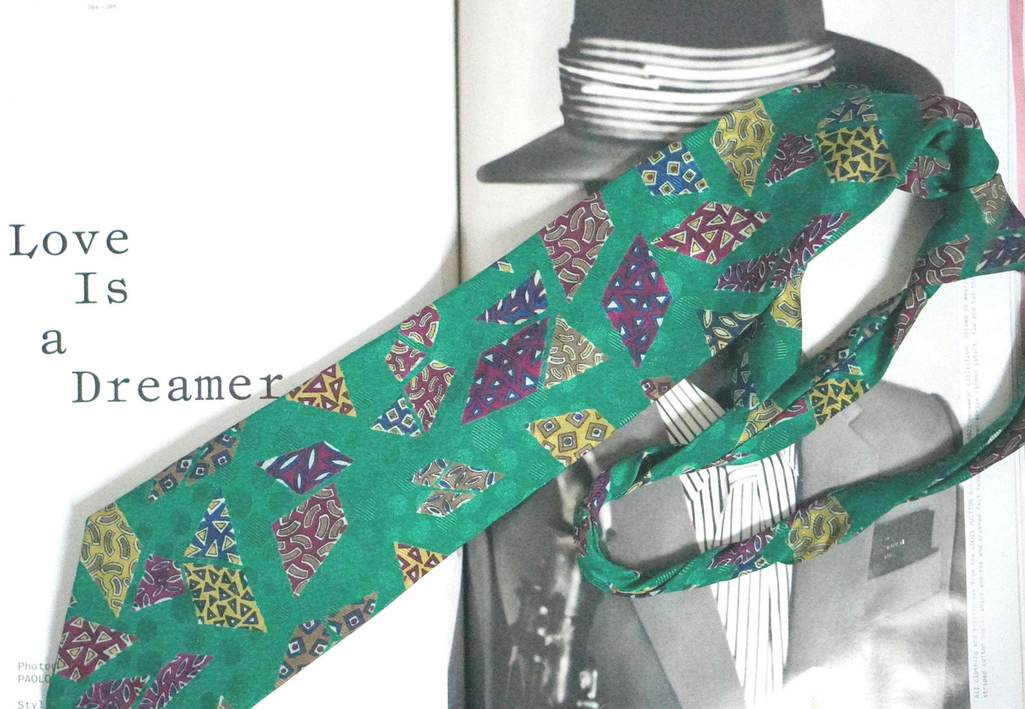 Vintage Silk Tie Emerald Green Geometric Mosaic Print 90s Retro Abstract