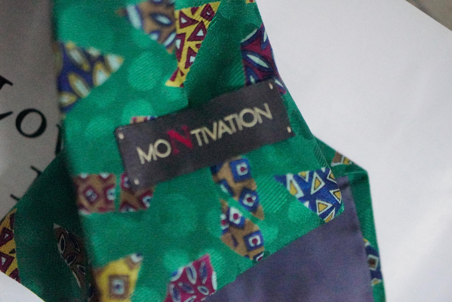 Vintage Silk Tie Emerald Green Geometric Mosaic Print 90s Retro Abstract