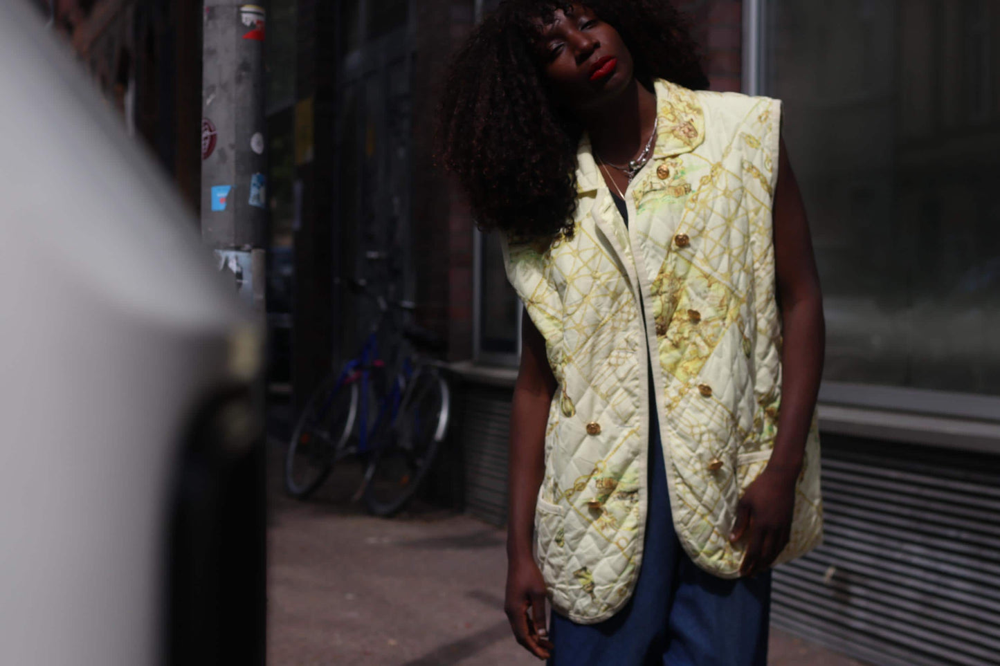 Vintage Quilted Nautical Vest Oversized Sleeveless Jacket Pale Yellow Gold Chain Print