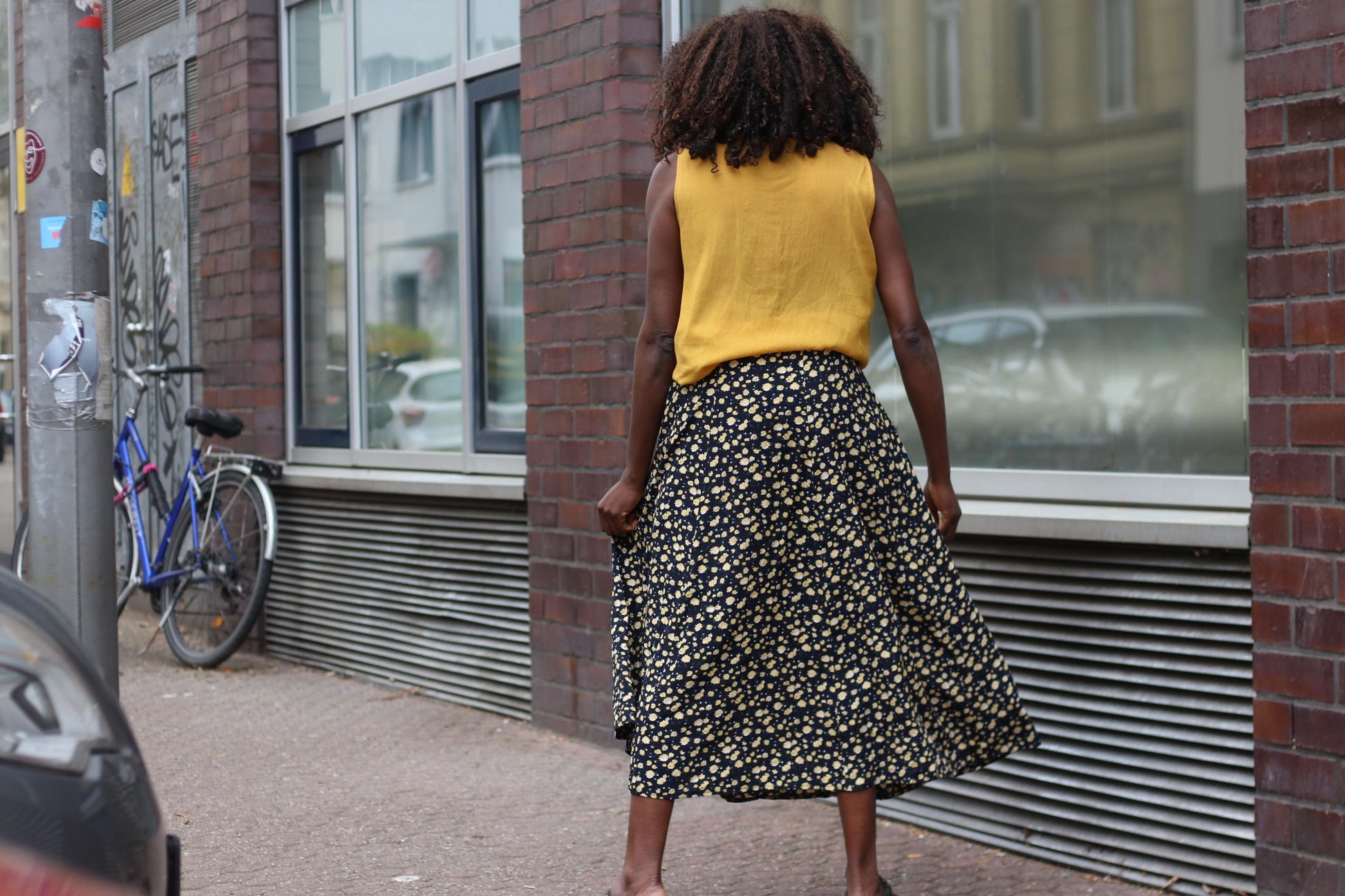 Vintage Floral Maxi Skirt Black and Yellow Ditsy Print 90s Boho High Waist Summer