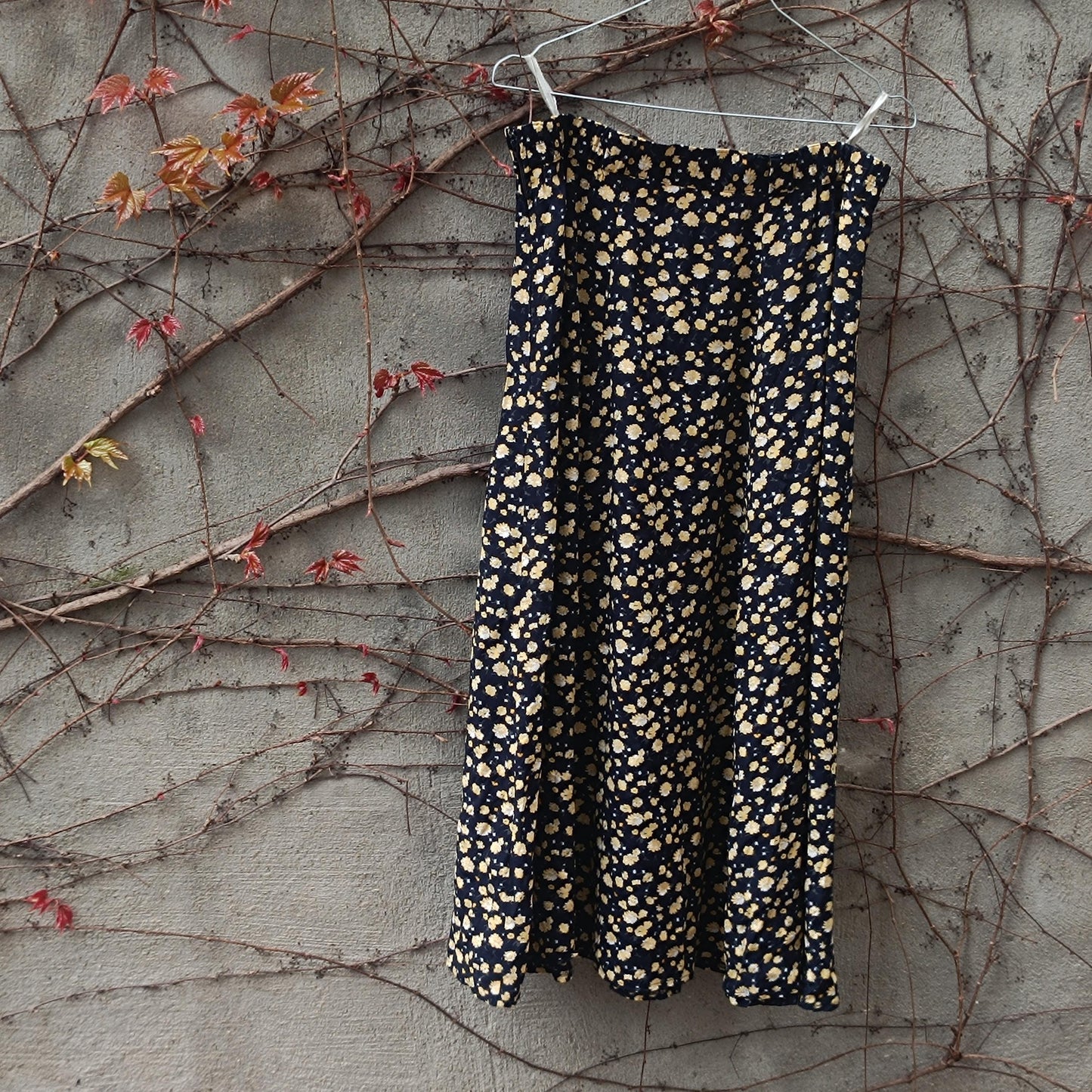 Vintage Floral Maxi Skirt Black and Yellow Ditsy Print 90s Boho High Waist Summer