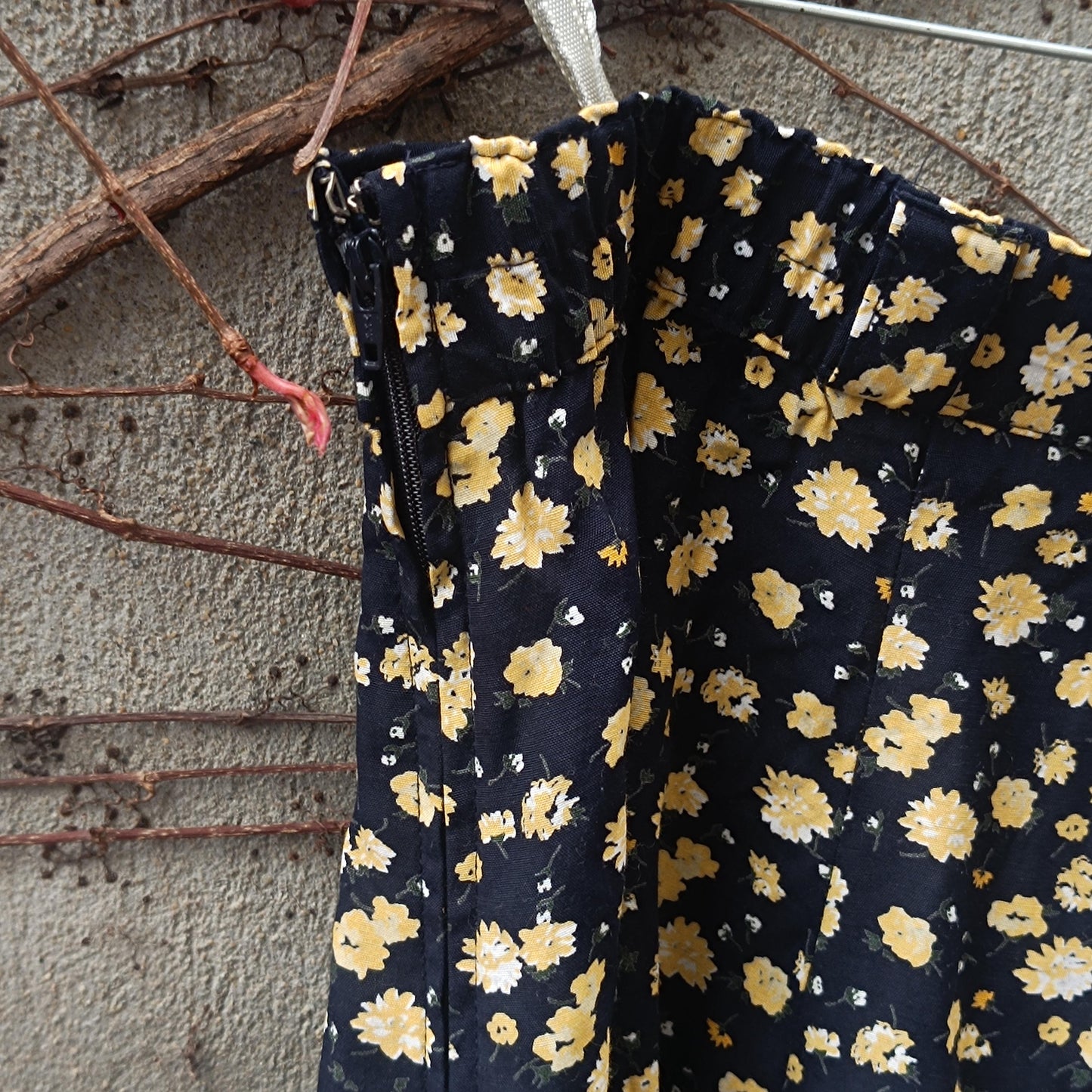 Vintage Floral Maxi Skirt Black and Yellow Ditsy Print 90s Boho High Waist Summer