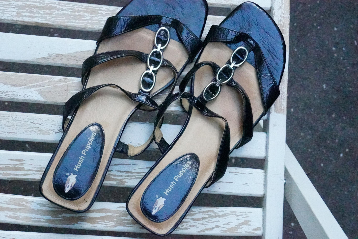 Vintage Hush Puppies Black Leather Wedge Sandals | Y2K Chain Slides EU 42