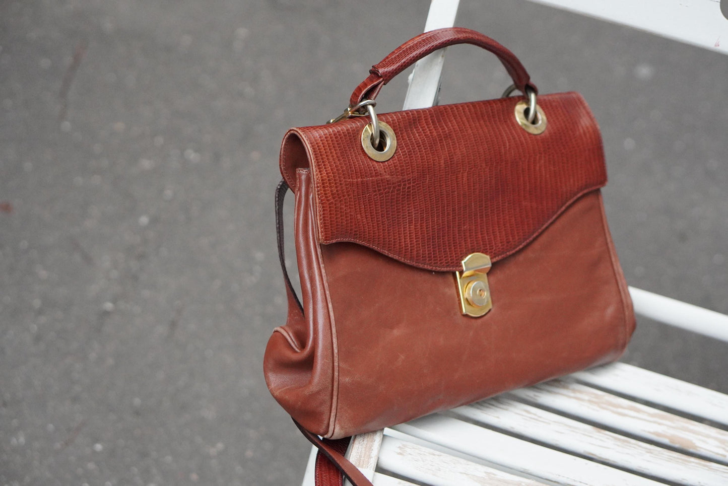 Vintage Amsellka Cognac Leather Handbag Lizard Embossed Flap Top Handle Bag