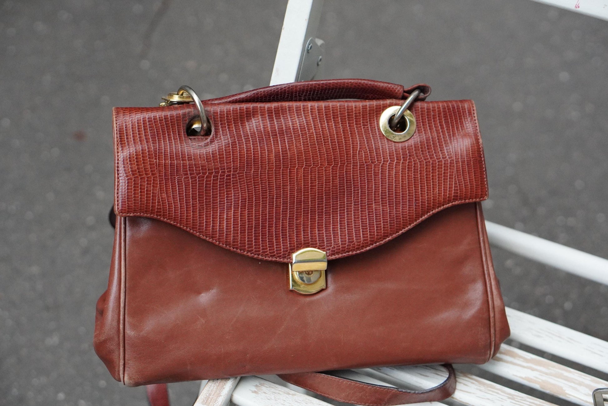 Vintage Amsellka Cognac Leather Handbag Lizard Embossed Flap Top Handle Bag