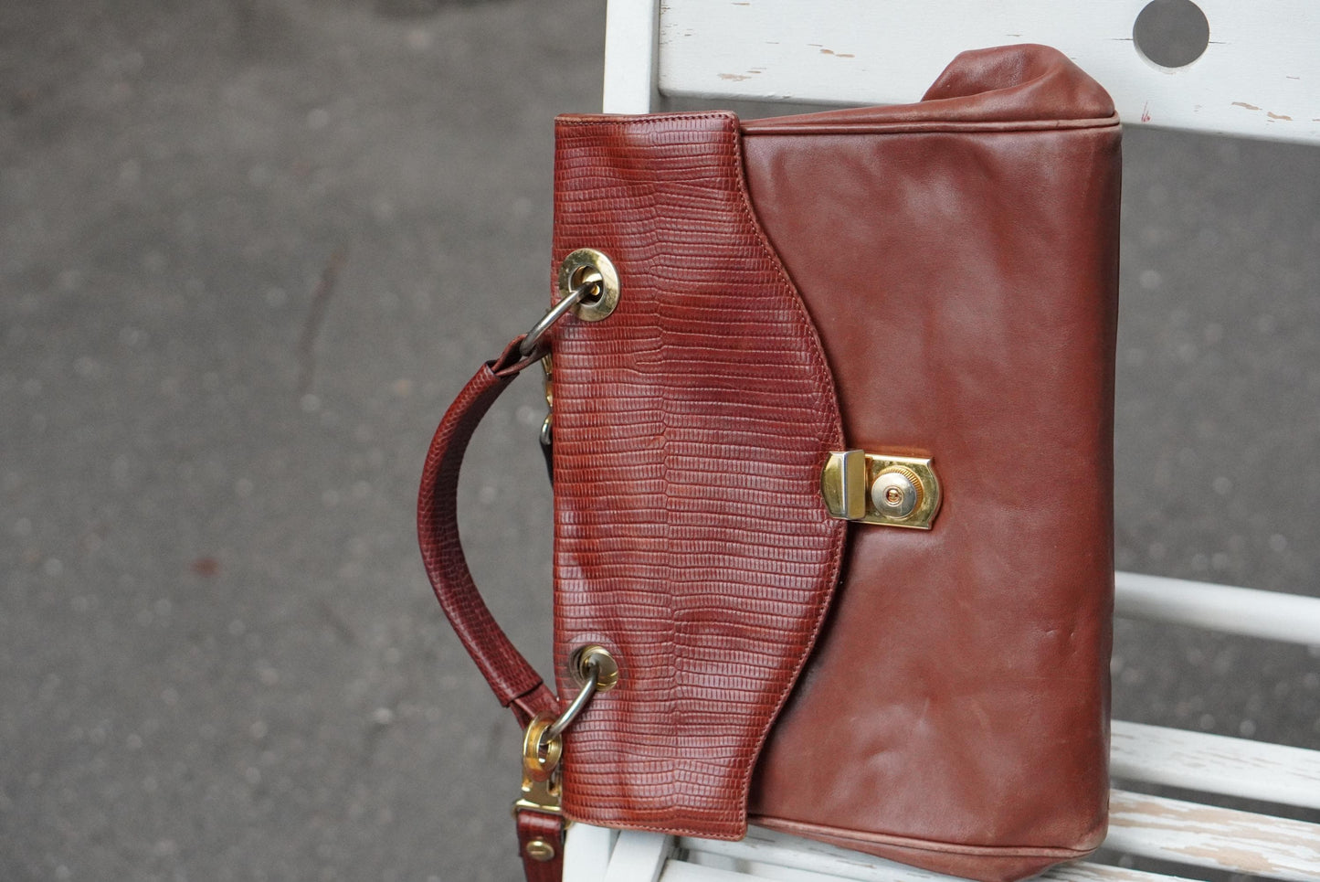 Vintage Amsellka Cognac Leather Handbag Lizard Embossed Flap Top Handle Bag