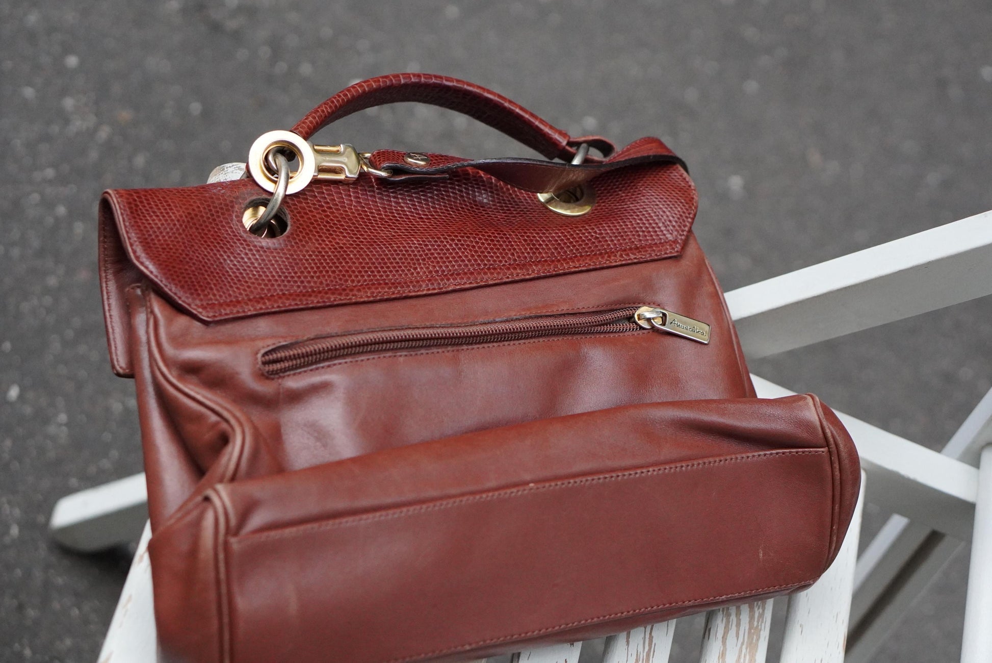 Vintage Amsellka Cognac Leather Handbag Lizard Embossed Flap Top Handle Bag