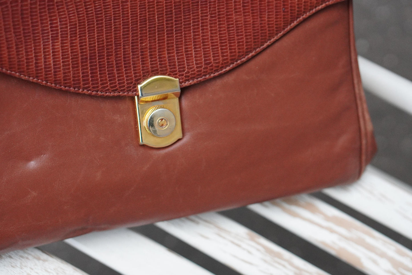 Vintage Amsellka Cognac Leather Handbag Lizard Embossed Flap Top Handle Bag