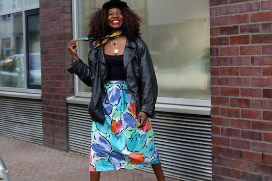 Vintage Floral Midi Skirt| 70s High Waisted Colorful Abstract Print A-Line Cotton