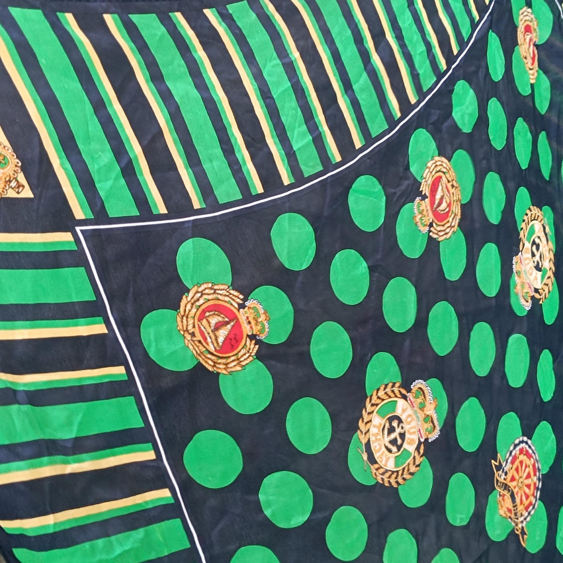 Vintage Silk Scarf Nautical Crest Green Navy Striped Polka Dot Square Neck Scarf
