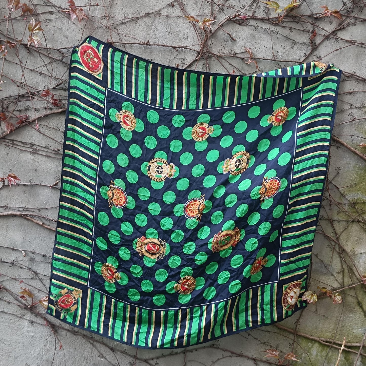 Vintage Silk Scarf Nautical Crest Green Navy Striped Polka Dot Square Neck Scarf