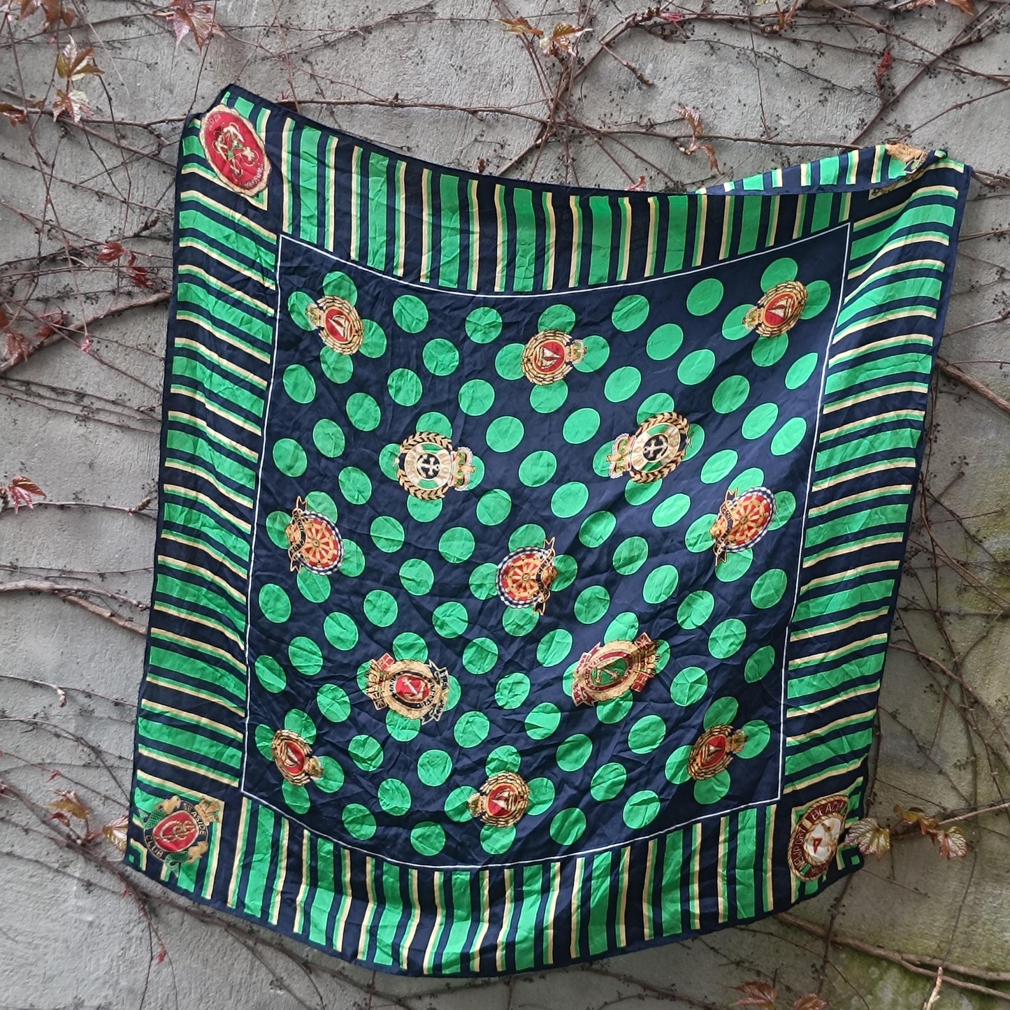Vintage Silk Scarf Nautical Crest Green Navy Striped Polka Dot Square Neck Scarf