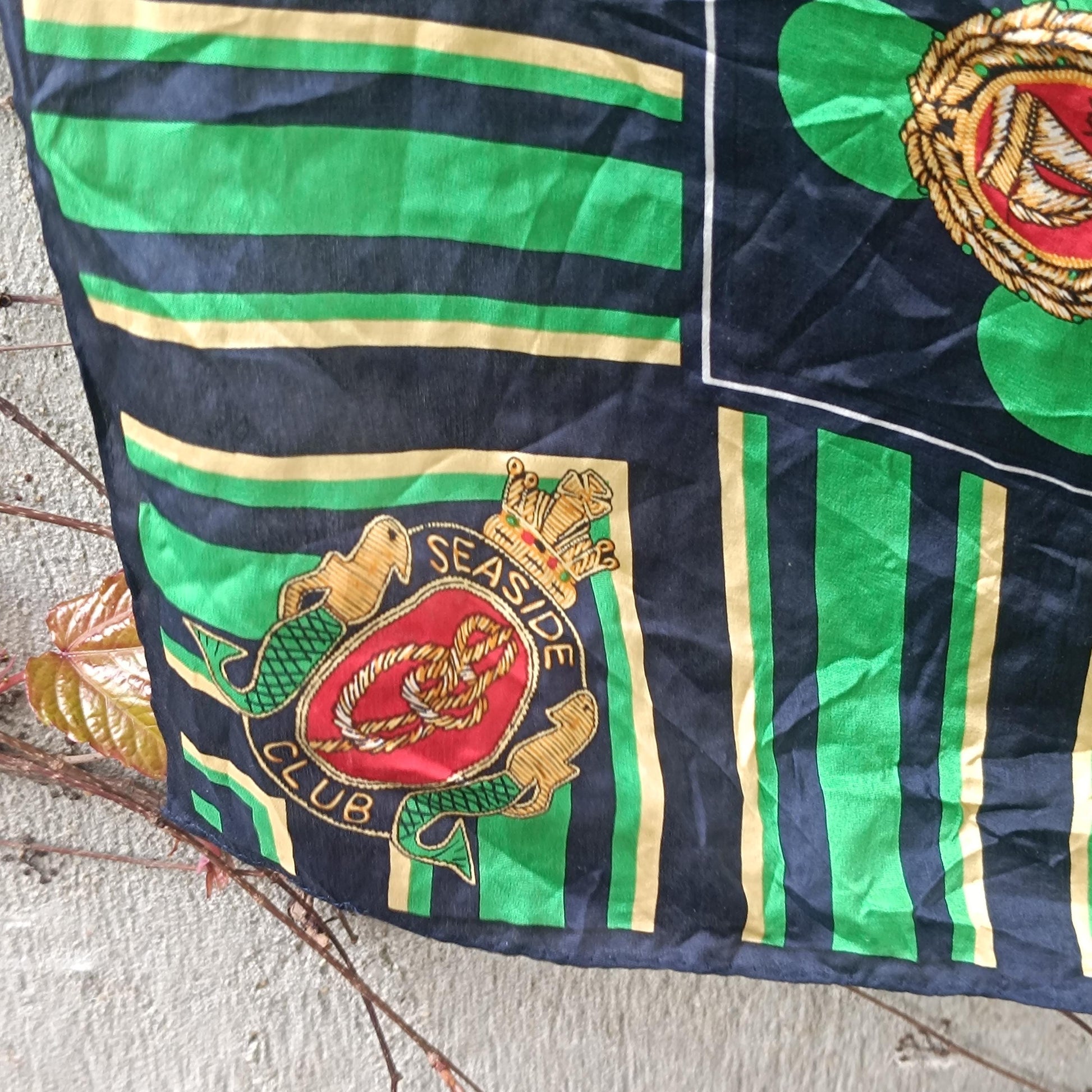 Vintage Silk Scarf Nautical Crest Green Navy Striped Polka Dot Square Neck Scarf