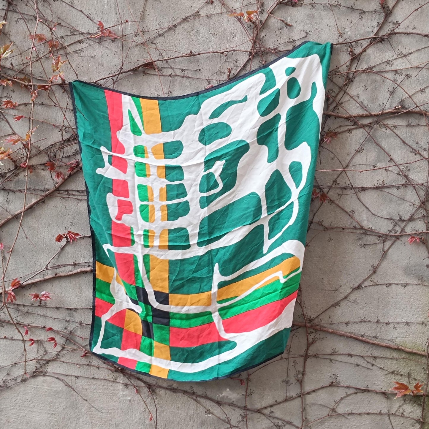 Vintage Abstract Silk Scarf Green Yellow Red Geometric Modernist Square Neck Scarf