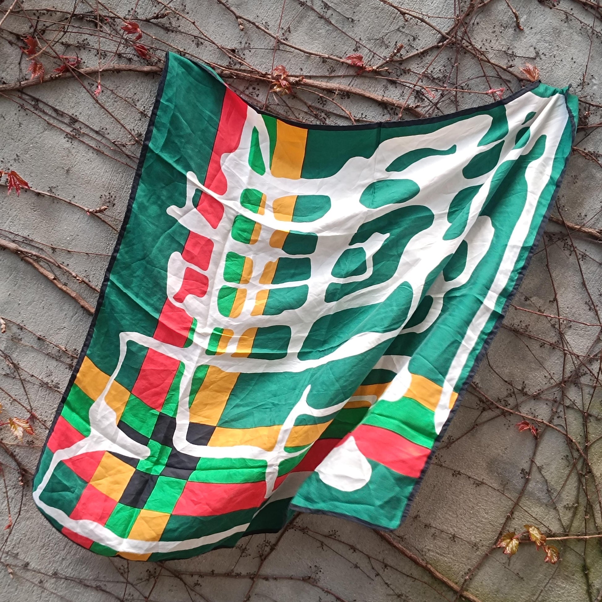 Vintage Abstract Silk Scarf Green Yellow Red Geometric Modernist Square Neck Scarf