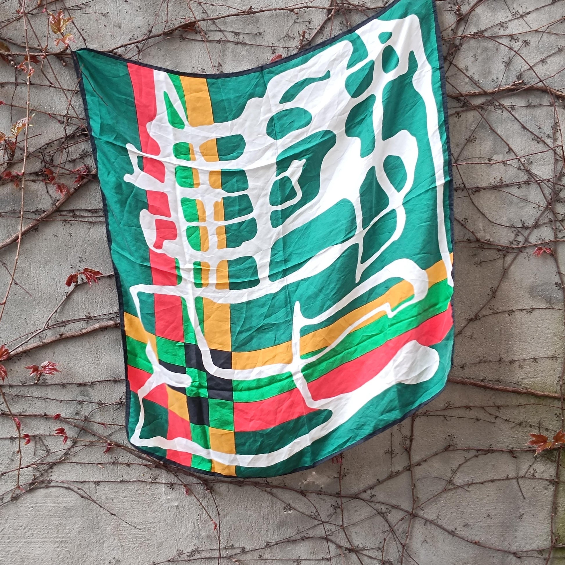 Vintage Abstract Silk Scarf Green Yellow Red Geometric Modernist Square Neck Scarf
