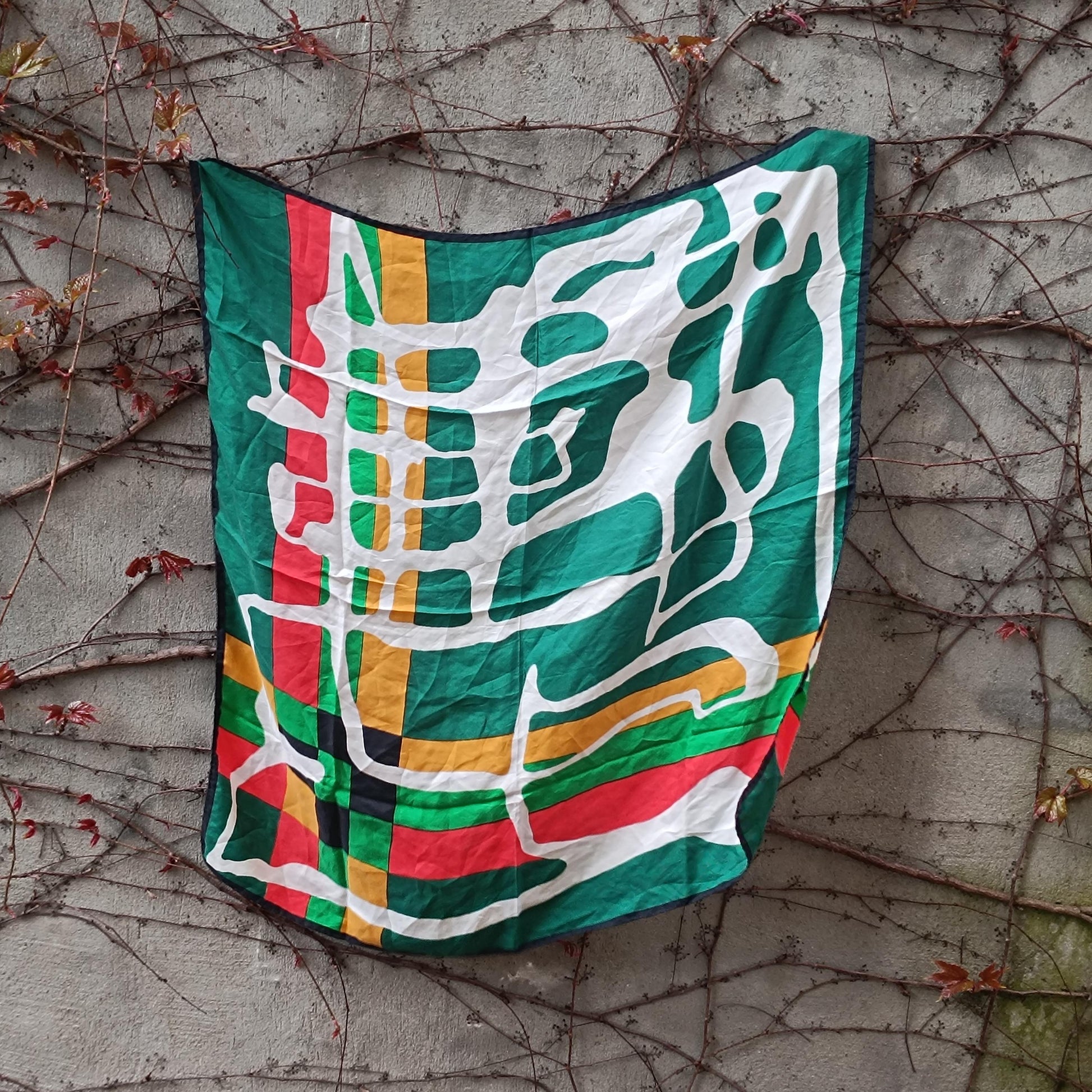 Vintage Abstract Silk Scarf Green Yellow Red Geometric Modernist Square Neck Scarf