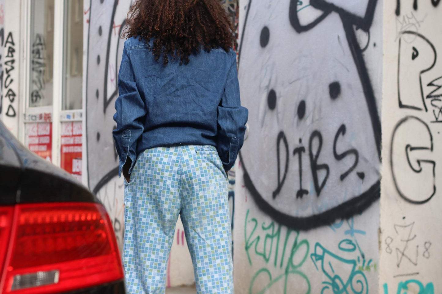 Vintage Checkered Pants Blue Green Geometric Print Trousers 90s Retro Streetwear