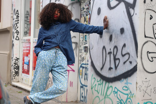Vintage Checkered Pants Blue Green Geometric Print Trousers 90s Retro Streetwear