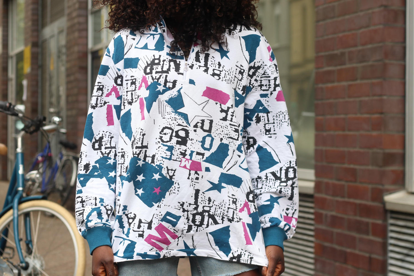 90s Vintage Abstract Graphic Sweatshirt Quarter Zip Teal Pink Newspaper Print