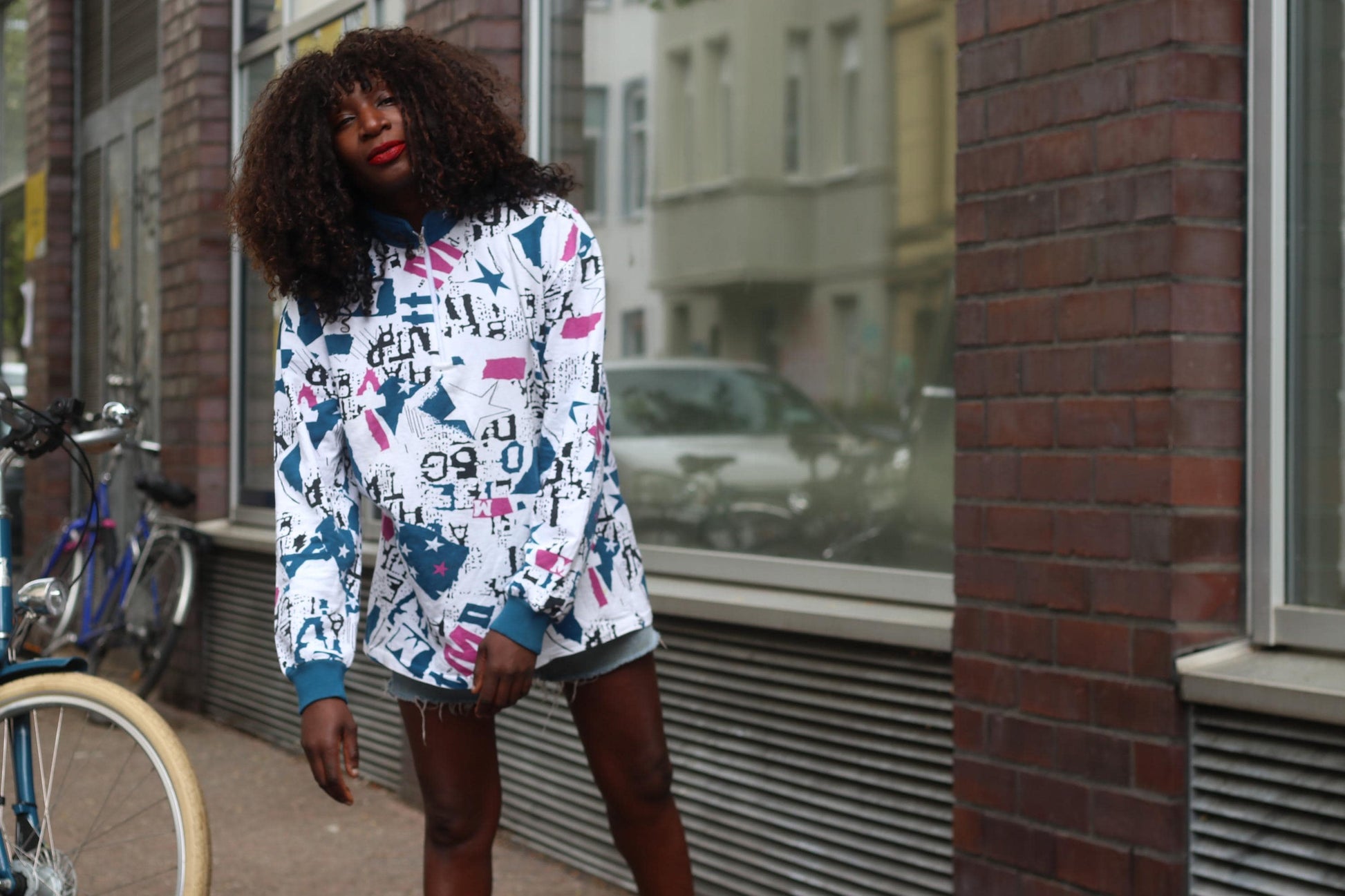 90s Vintage Abstract Graphic Sweatshirt Quarter Zip Teal Pink Newspaper Print