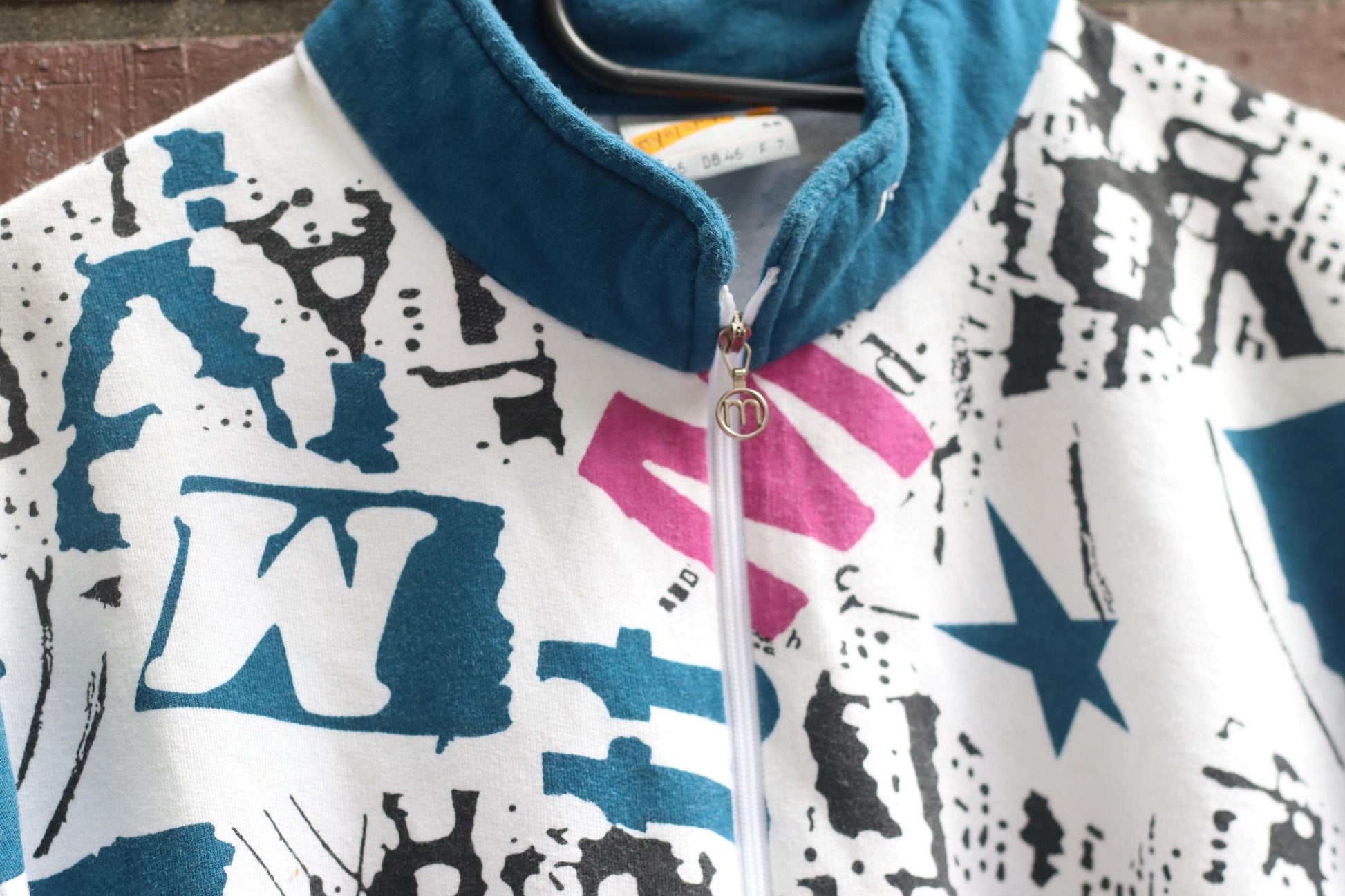 90s Vintage Abstract Graphic Sweatshirt Quarter Zip Teal Pink Newspaper Print
