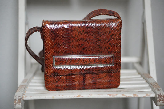 Faux Snakeskin Leather handbag| Vintage Brown Compact Shoulder bag | 70s Mini Leo Print Bag