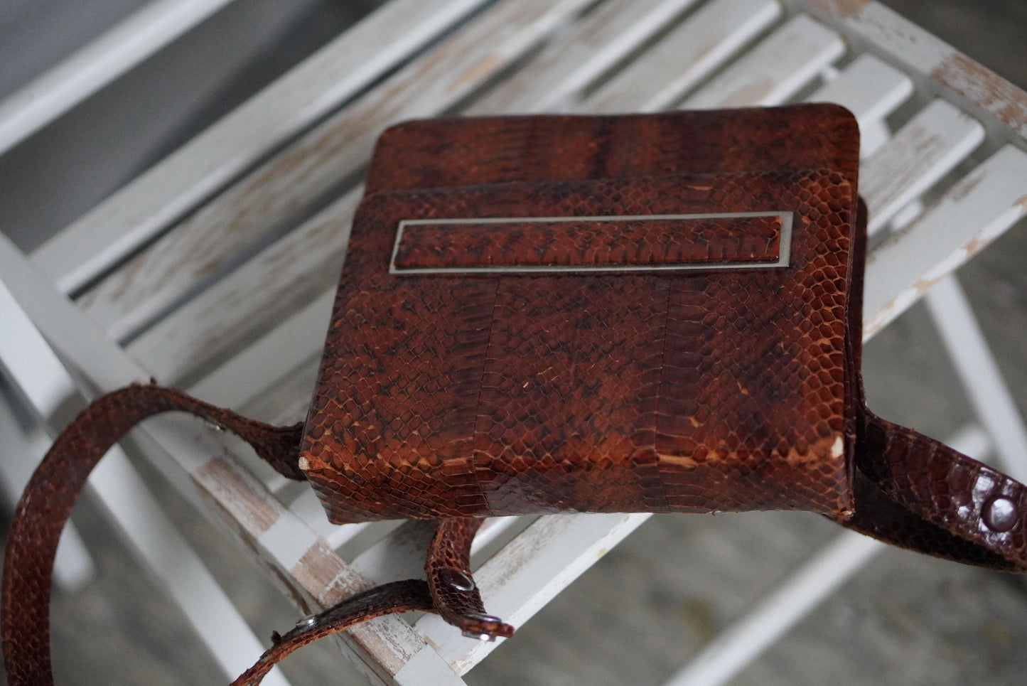 Faux Snakeskin Leather handbag| Vintage Brown Compact Shoulder bag | 70s Mini Leo Print Bag