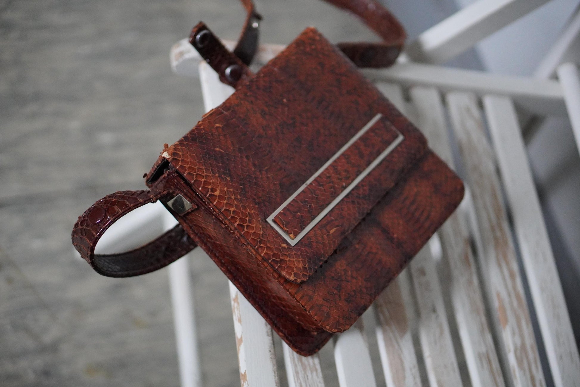 Faux Snakeskin Leather handbag| Vintage Brown Compact Shoulder bag | 70s Mini Leo Print Bag