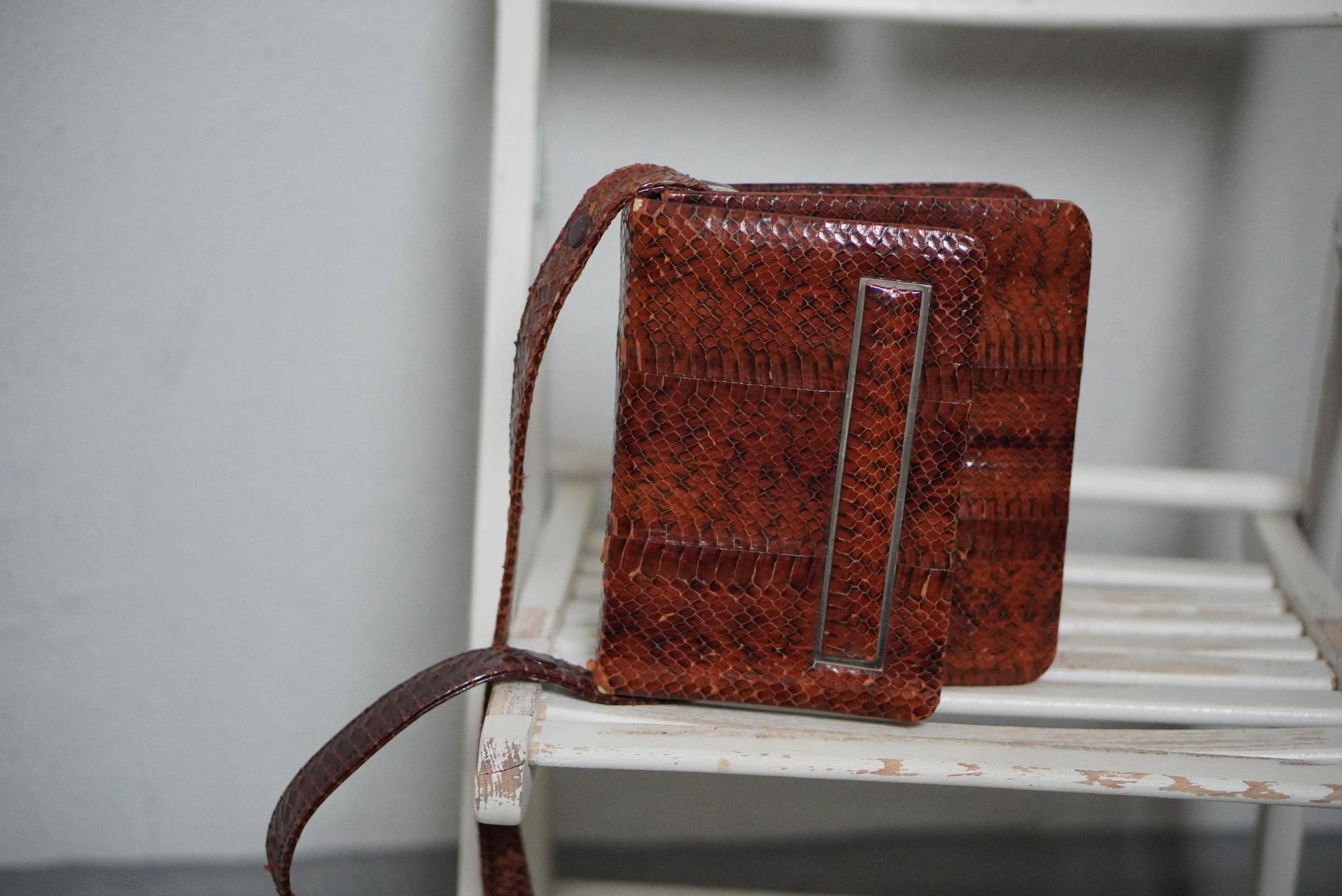 Faux Snakeskin Leather handbag| Vintage Brown Compact Shoulder bag | 70s Mini Leo Print Bag