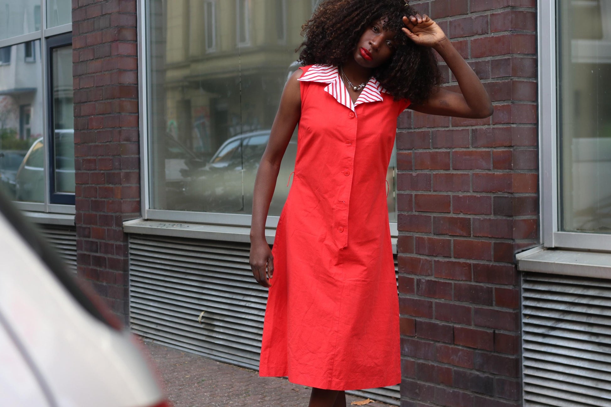 Vintage Red Shift Dress Striped Disco Collar Sleeveless Mod 60s Style Midi