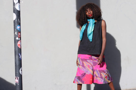 Vintage Abstract Floral Midi Skirt Pink Purple Colorful Artistic A-Line Skirt
