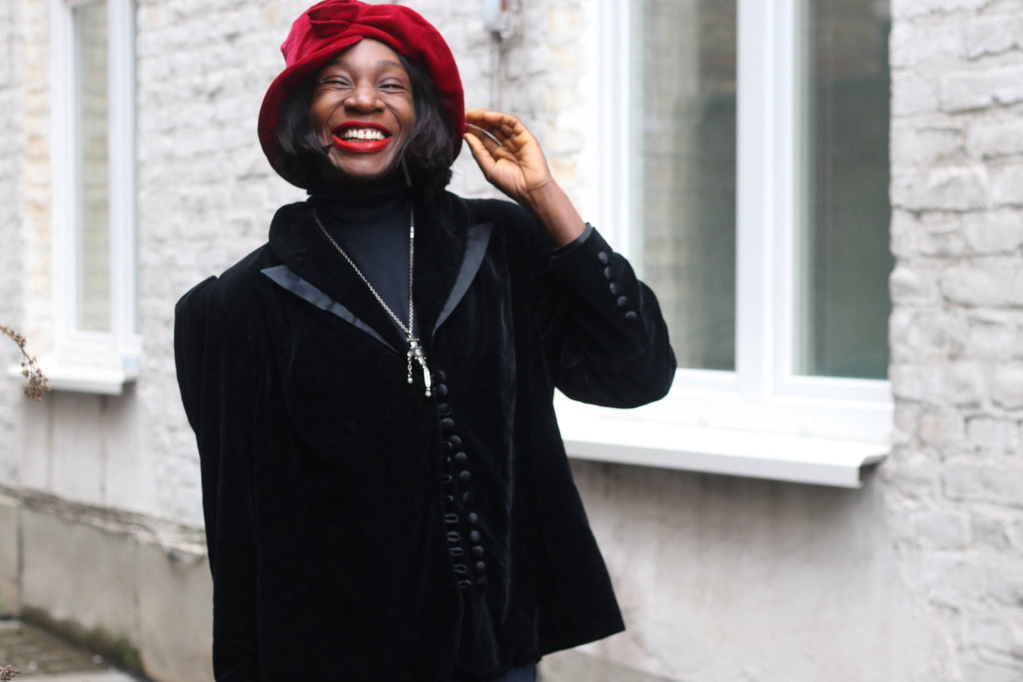 Vintage Black Velvet Jacket Puff Shoulder 1940s Style Evening Blazer Loop Button